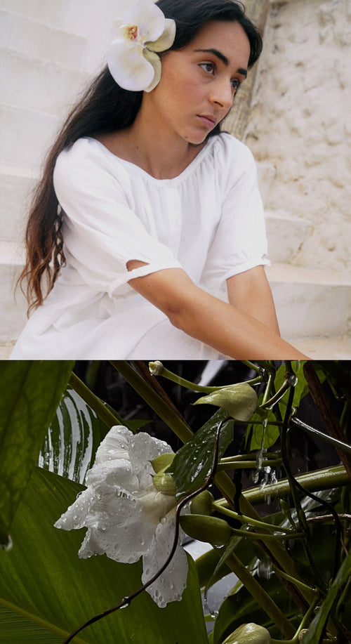 LILLY PILLY woman wearing Pia linen top in Ivory with an orchid flower in her hair, followed by a close-up of an orchid flower.