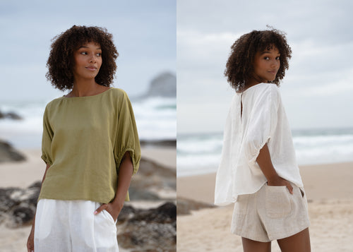 LILLY PILLY woman wearing Tina linen top in Olive and Ivory