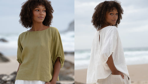 LILLY PILLY woman wearing Tina linen top in Olive and Ivory