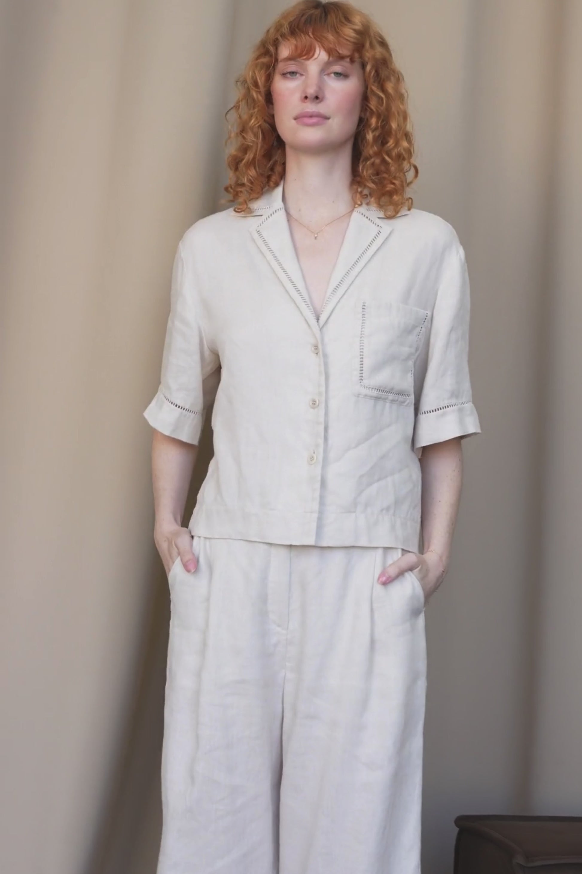 LILLY PILLY Quinn linen shirt top in Chalk 