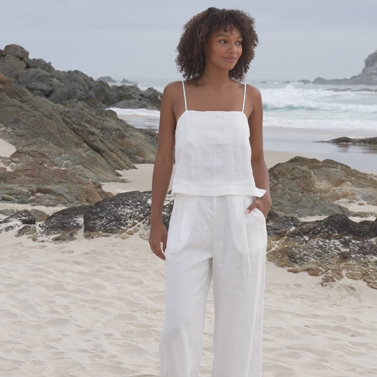LILLY PILLY Rosa linen top paired with Ivy linen pants in ivory